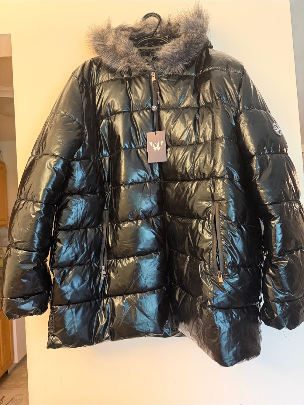 White Mark Black Glossy Puffer Coat with Faux Fur Hood Trim